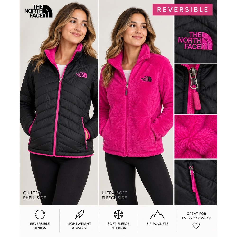 The North Face Womens Reversible Jacket Black Hot Pink Fleece Quilted Full Zip